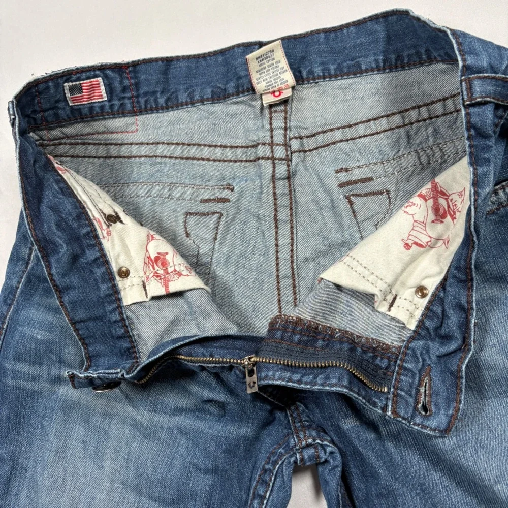 True Religion Jeans Mens 38x34 Ricky Big T Blue Straight Leg Contrast Stitch EUC